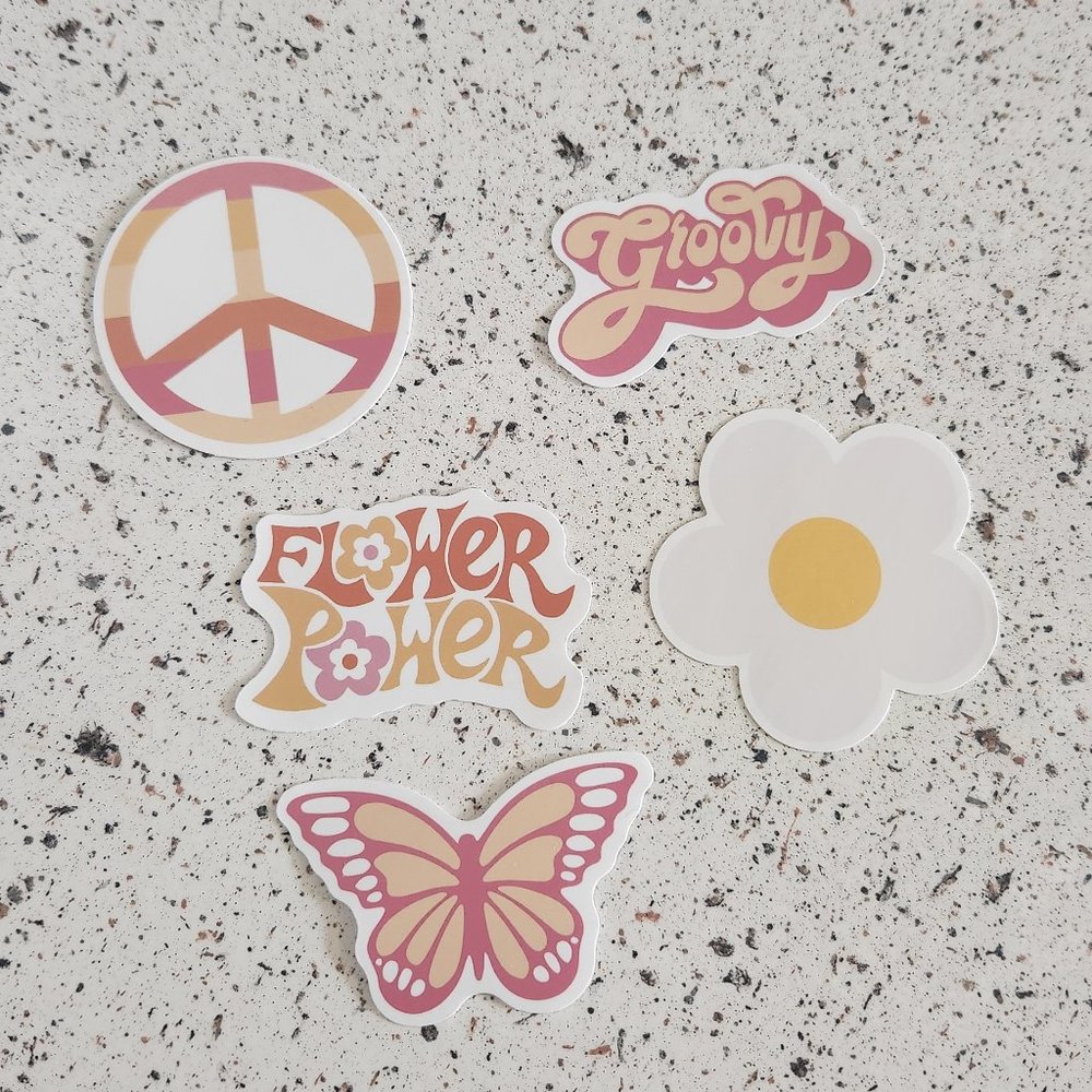 New 5 Piece Groovy Retro Boho Floral Hippie Peace Stickers